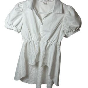 White Puff-Sleeve Peplum Top - Classic Shirt Style